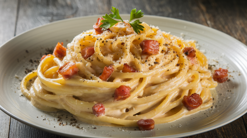 Easy carbonara recipe with creamy pasta, crispy pancetta, and Parmesan garnish on a wooden table.