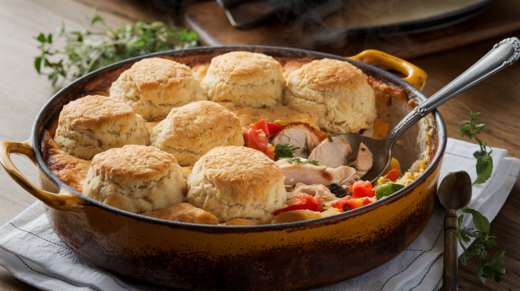 Easy chicken cobbler recipe in a rustic baking dish with golden biscuit topping and mixed vegetables