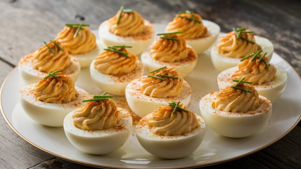 Easy deviled eggs recipe featuring creamy yolk filling and garnished with paprika and chives.