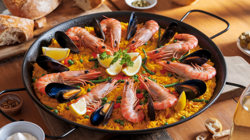 Traditional paella with saffron rice, shrimp, mussels, chicken, and vegetables, showcasing an authentic paella recipe.