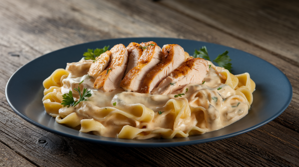 A plate of a simple chicken alfredo recipe with creamy alfredo sauce, fettuccine pasta, and golden slices of chicken breast, garnished with parsley.