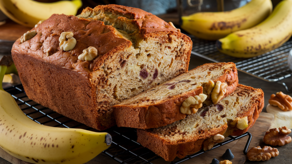 Easy banana bread recipe with a golden-brown loaf, sliced to show a soft, moist crumb.