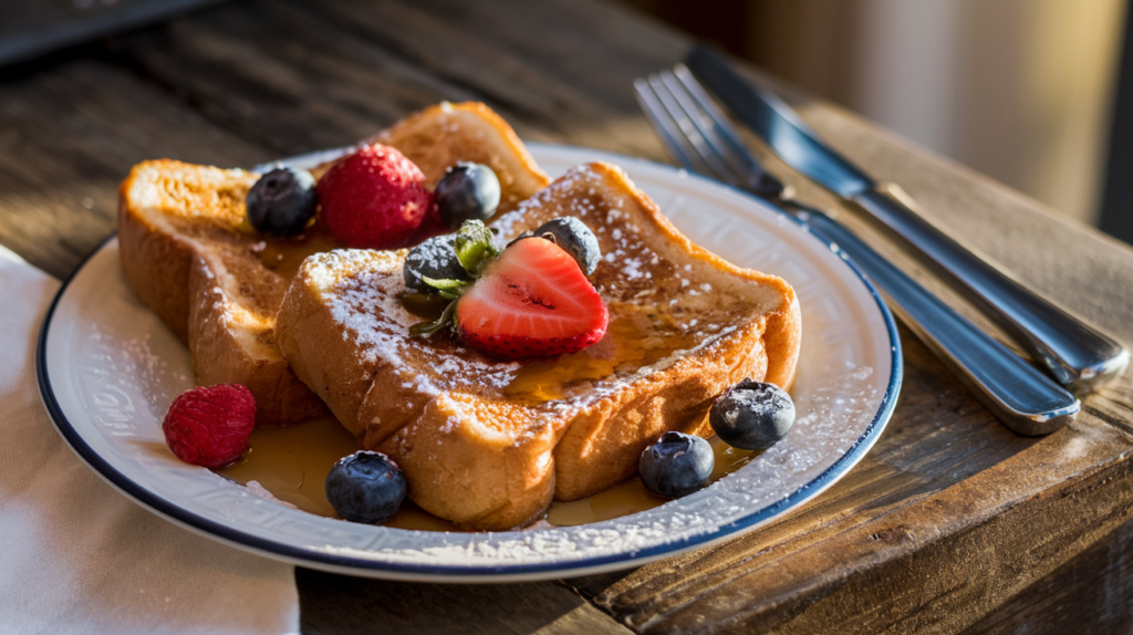 Golden-brown French toast with syrup, powdered sugar, and fresh berries, showcasing an easy French toast recipe.