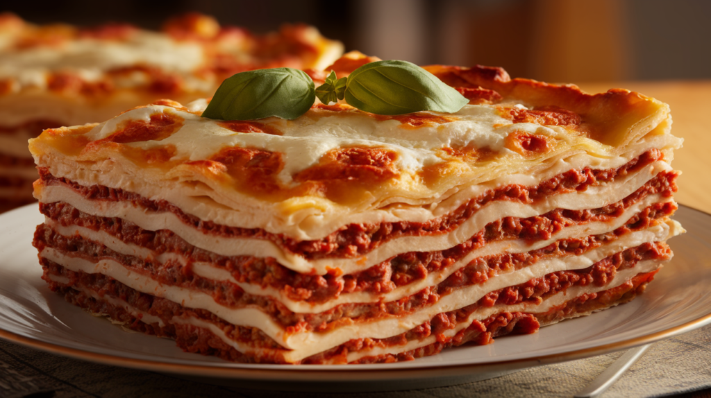 A slice of easy lasagne recipe on a white plate, showing distinct layers of noodles, meat sauce, and cheese.