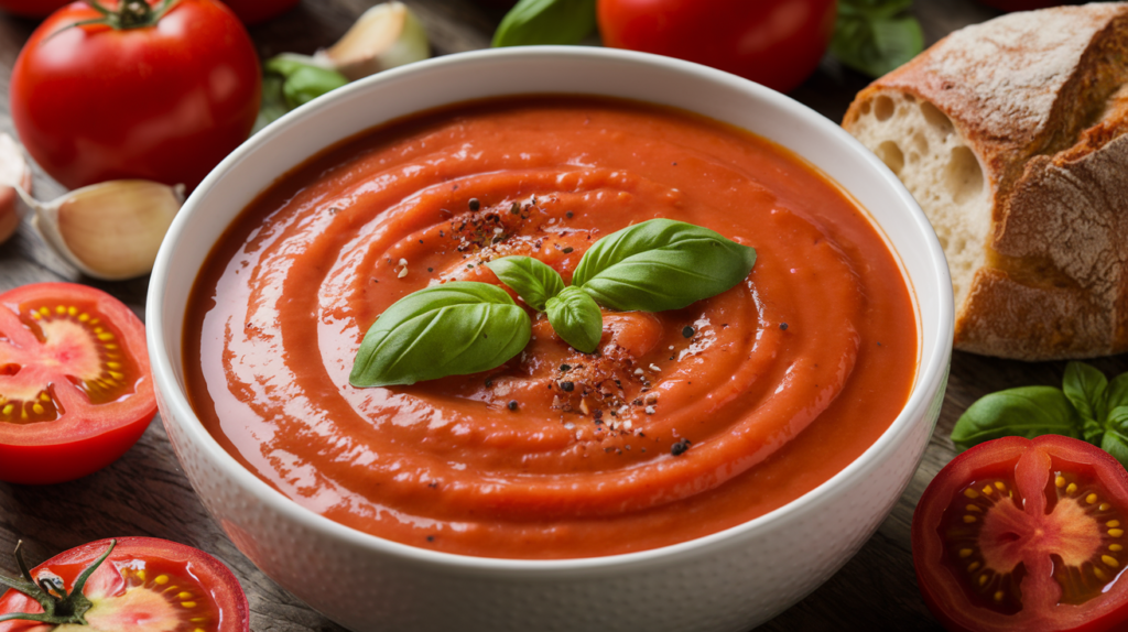 A steaming bowl of our Roasted Tomato Soup Recipe garnished with fresh basil leaves.