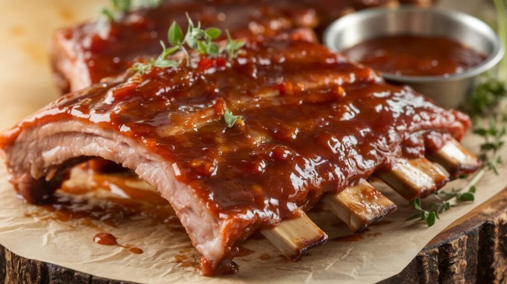 BBQ ribs recipe with a glossy, caramelized barbecue sauce, served on a rustic platter with fresh herbs and a side of extra BBQ sauce.