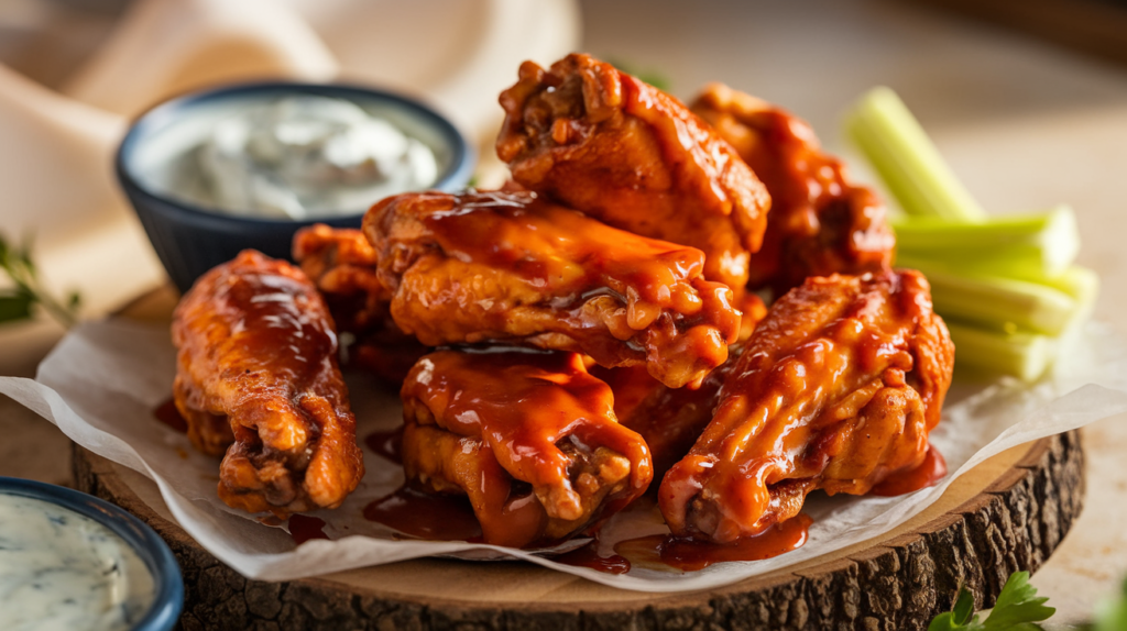 Crispy buffalo wings recipe coated in spicy buffalo sauce, served with blue cheese dressing and celery sticks.