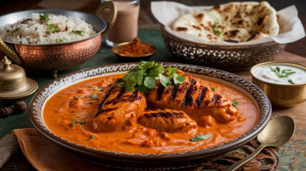 A plate of our Chicken Tikka Masala recipe with naan bread, rice, and a side of raita.