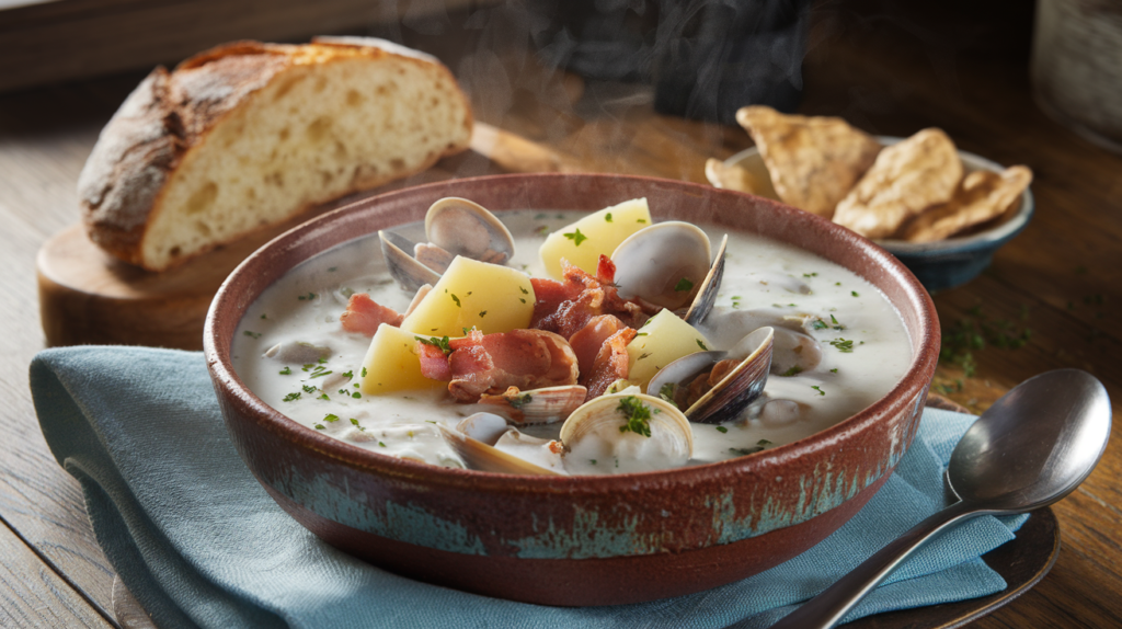 A creamy clam chowder recipe served in a rustic bowl with bacon, potatoes, and fresh parsley garnish.