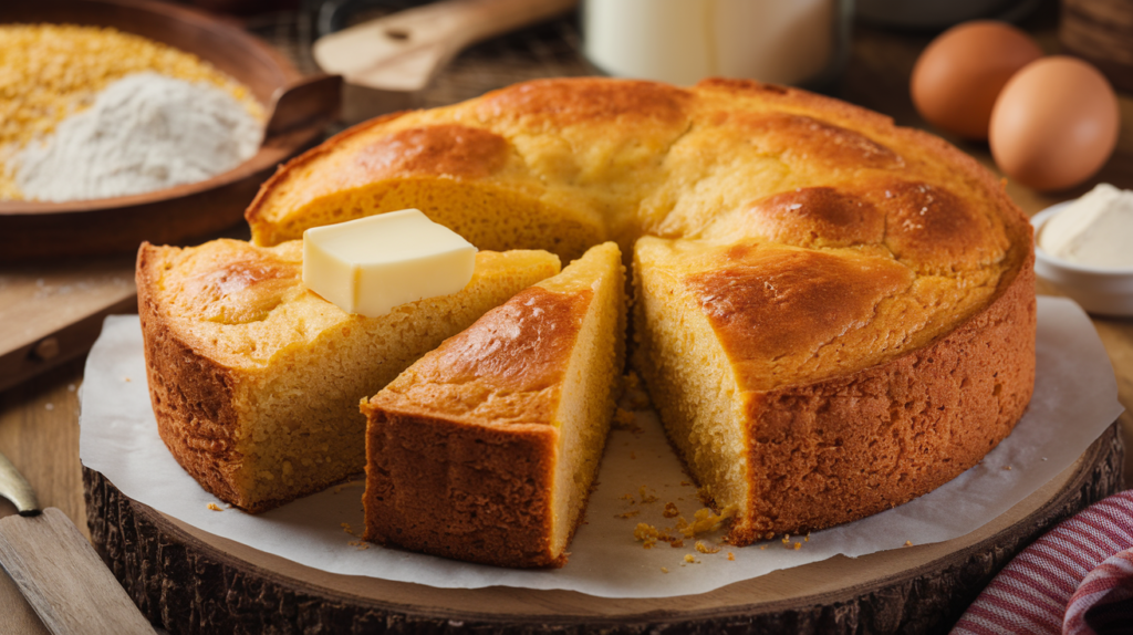 Cornbread recipe - Freshly baked homemade cornbread with a golden crust and a fluffy interior, served with butter melting on top.