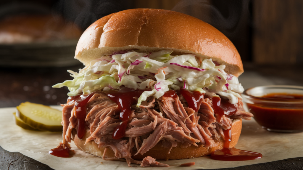 Delicious Recipe for Pulled Pork Sandwich with BBQ sauce and coleslaw, served on a soft toasted bun.