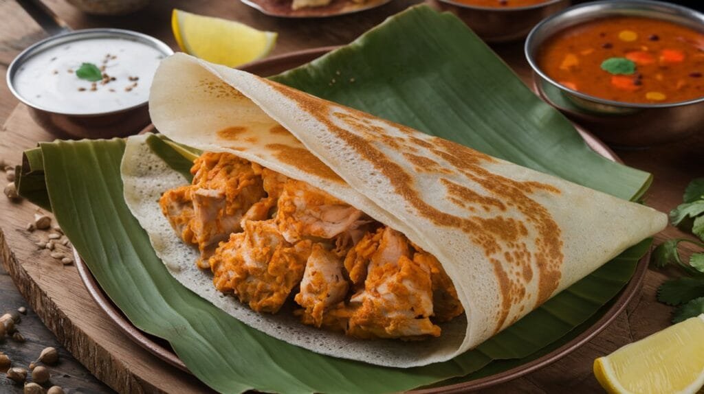 A crispy masala dosa recipe featuring chicken filling served with chutney and sambar.