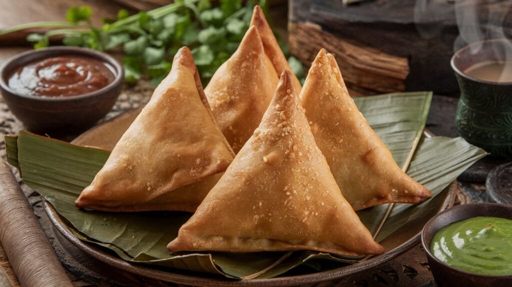 A plate of our crispy samosa recipe served with tamarind and mint chutneys.