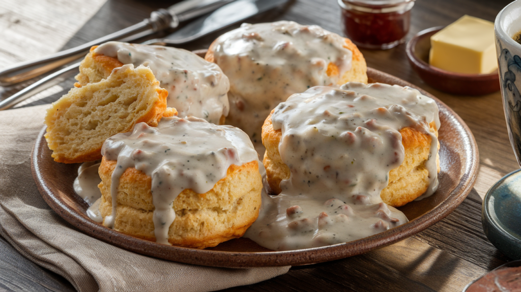 Southern Biscuits and Gravy served on a rustic plate with creamy sausage gravy and flaky biscuits.