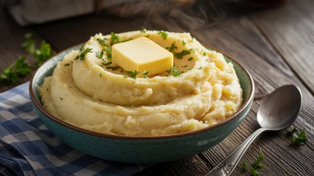 A bowl of creamy mashed potatoes with butter and parsley garnish.