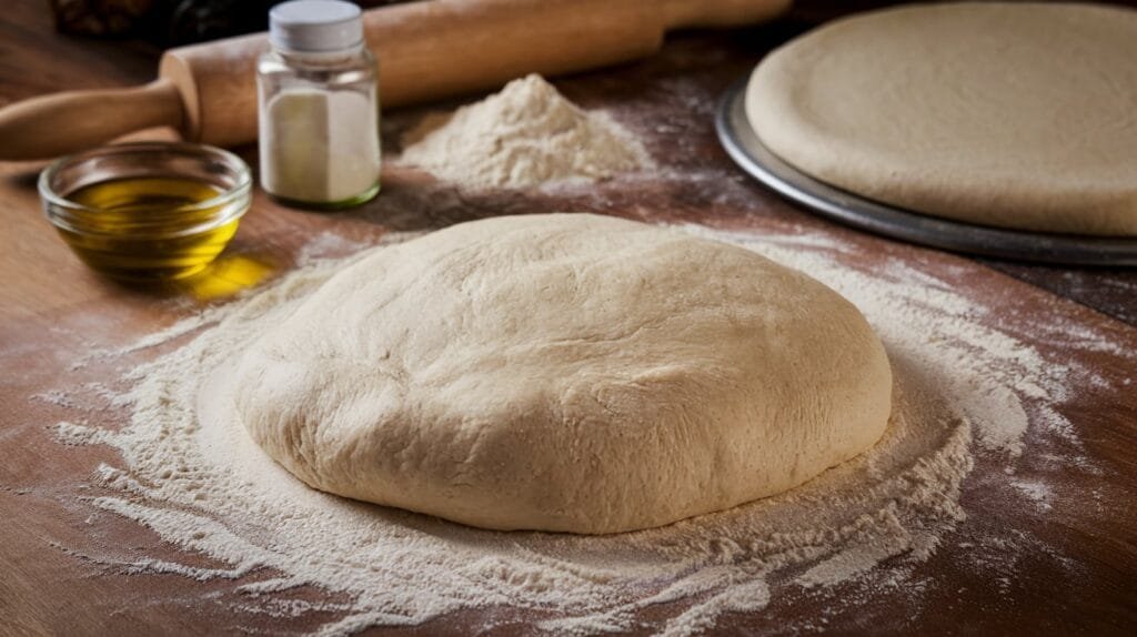 Freshly prepared pizza dough on a floured surface with ingredients around it.