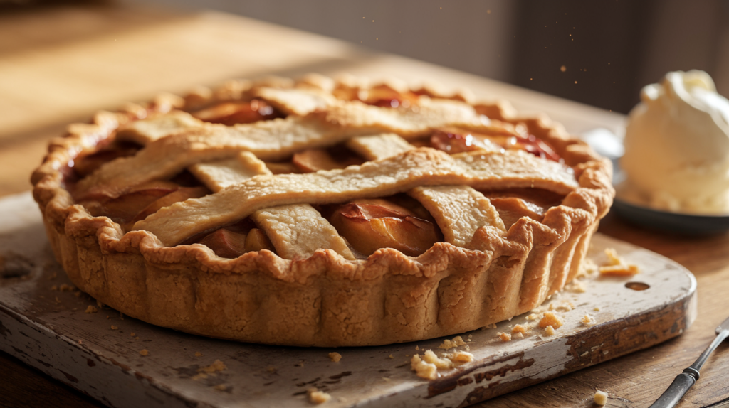 simple apple pie recipe - Freshly baked apple pie with a golden lattice crust, filled with sweet apple filling and served with a scoop of vanilla ice cream.