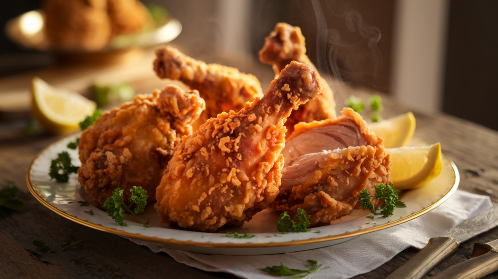 simple fried chicken recipe - Crispy, golden fried chicken served on a plate with fresh parsley and lemon wedges.