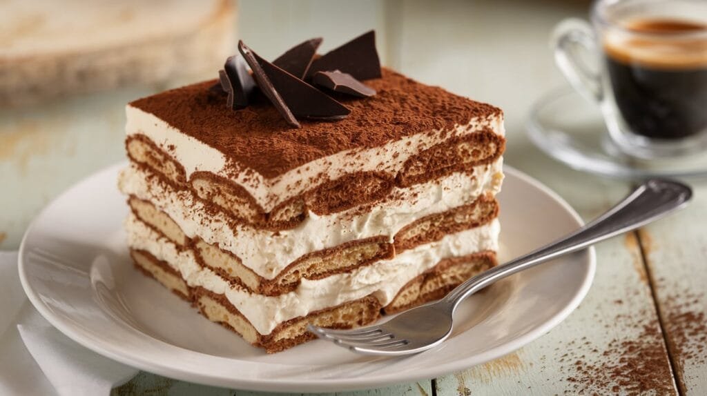 A slice of tiramisu with cocoa powder and chocolate shavings on a white plate.